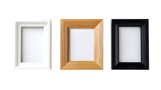 Three empty picture frames in white, wood, and black finishes on white background