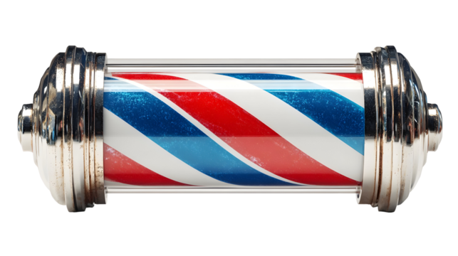 Classic barber pole with red, white, and blue stripes in chrome frame