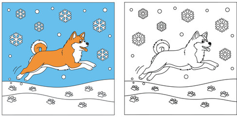 Cute Akita Dog Playing in Snow with Snowflakes and Paw Prints - Winter Coloring Page Design for Children and Adults
