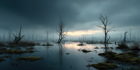 A dark, eerie swamp landscape under a cloudy twilight sky. Gnarled, leafless trees rise from the still, murky waters