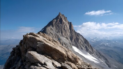 A lone climber stands on a rugged rocky ridge leading towards a majestic mountain peak under a clear blue sky