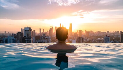Person at infinity pool overlooking city skyline at sunrise