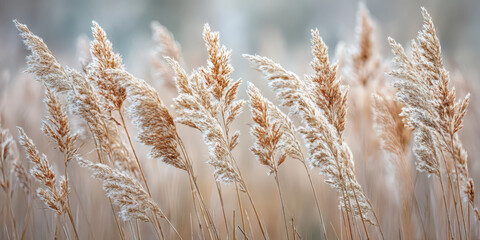 A sunlit field of tall wild grasses gently swaying in the breeze after the first frosty night
