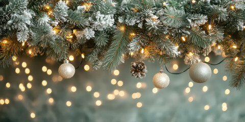 Close up christmas tree branches in sage green with white lights
