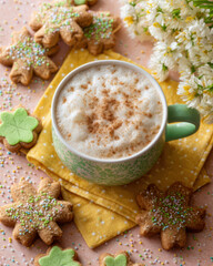 A cup of latte with green and white patterns, surrounded by Irish gingerbread cookies in the shape of stars on yellow cloth napkins