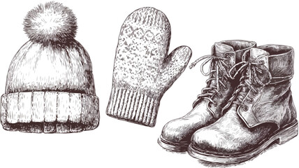 Chic Winter Accessories: Knitted Hat, Mittens, Boots - Fashionable Cold Weather Apparel