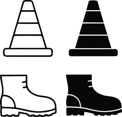 Construction safety icons traffic cones and work boots