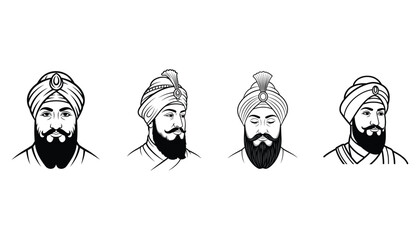 Sikh Gurus portraits vector outline