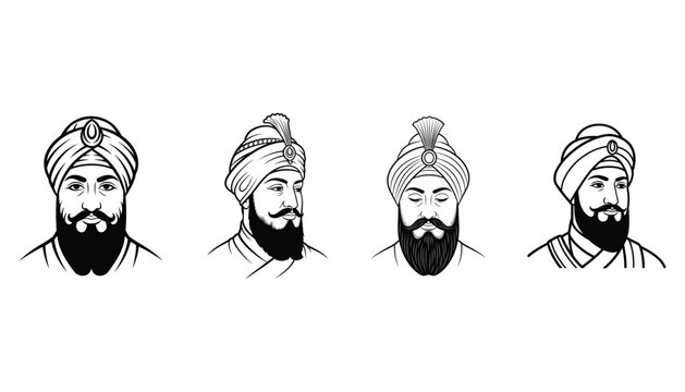 Sikh Gurus portraits vector outline