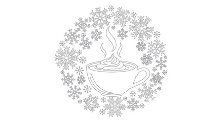 Steaming cup of cocoa surrounded by snowflakes for a cozy winter coloring page