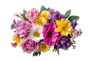 Vibrant bouquet of pink, yellow, and purple flowers on black background