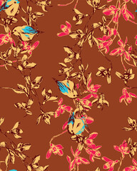 a brown and pink floral pattern with birds