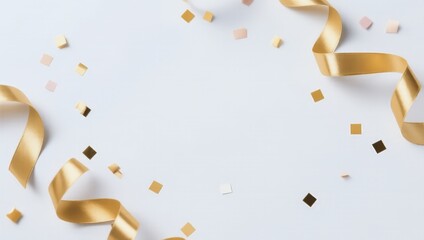 Gold ribbon with gold confetti on a white background
