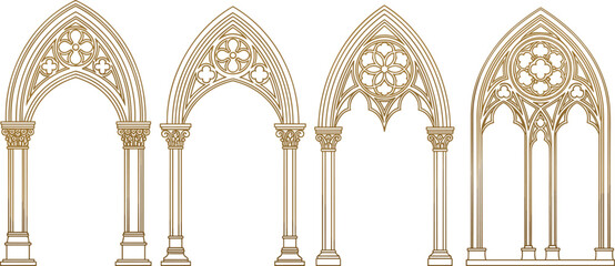 Gothic arches illustration, medieval architecture design, cathedral window patterns, ornate stone tracery, vintage architectural details, historical church archways, vector art, decorative elements