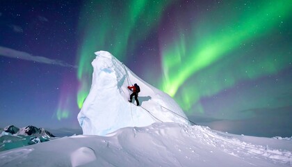 Person climbing an iceberg under the vibrant aurora borealis, night scene