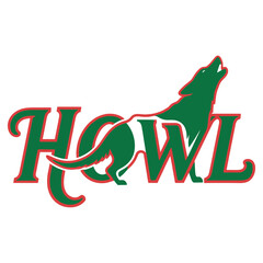 Christmas vector typography design featuring a howling dog silhouette integrated in text with script and outline mix in red and green on white background