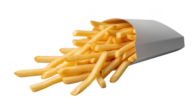 French fries spilling from a paper container