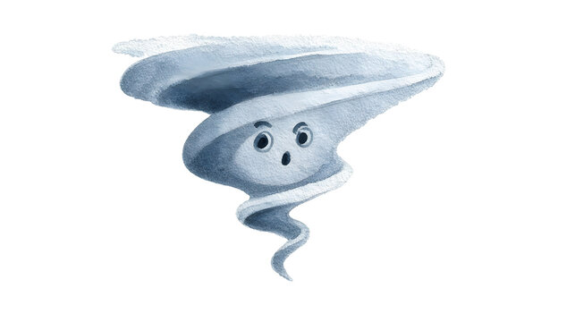 Whimsical tornado character with expressive face in motion