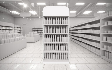 Blanc white 3D supermarket gondola end cap mock-up background render © Neo3Design
