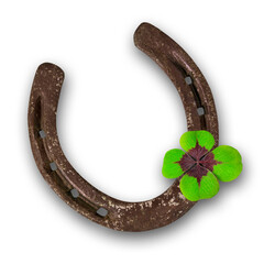 Horseshoe with clover and shadow isolated on transparent background  PNG cut out
