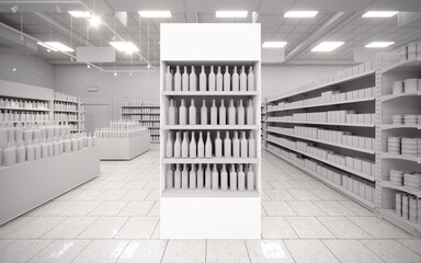 Blanc white 3D supermarket gondola end cap mock-up background render © Neo3Design
