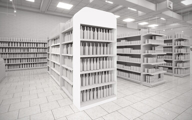 Blanc white 3D supermarket gondola end cap mock-up background render © Neo3Design