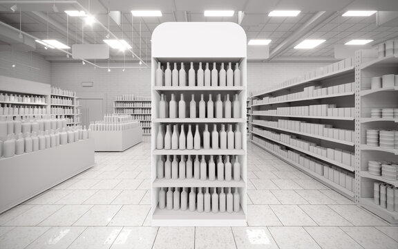 Blanc white 3D supermarket gondola end cap mock-up background render