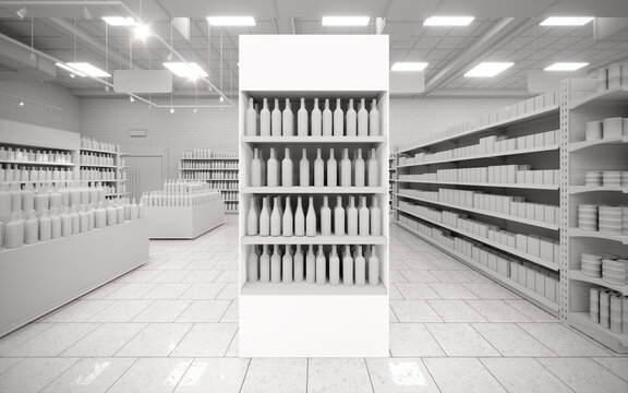 Blanc white 3D supermarket gondola end cap mock-up background render