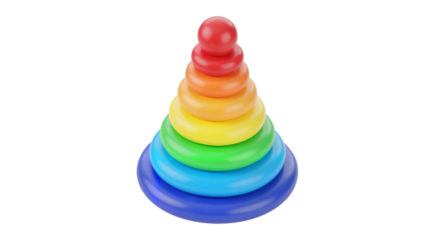 Colorful stacking toy pyramid with rings in vibrant colors  on transparent background