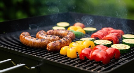 A close-up of sausages and colorful vegetables sizzling on a hot charcoal grill outdoors during a sunny afternoon cookout event preparation ,healthy ,pepper ,holiday