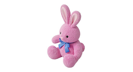 Obraz premium Pink plush bunny toy with long ears and blue bow sitting upright on transparent background