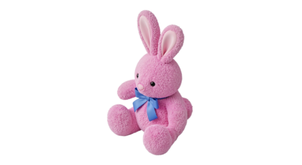 Pink plush bunny toy with long ears and blue bow sitting upright on transparent background
