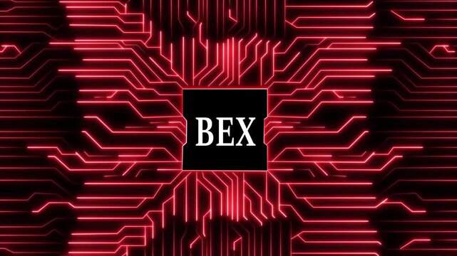 Modern circuit board with the word bex in the middle, symbolizing technology, innovation, and digital connectivity in a futuristic world, creating a visually appealing and dynamic image