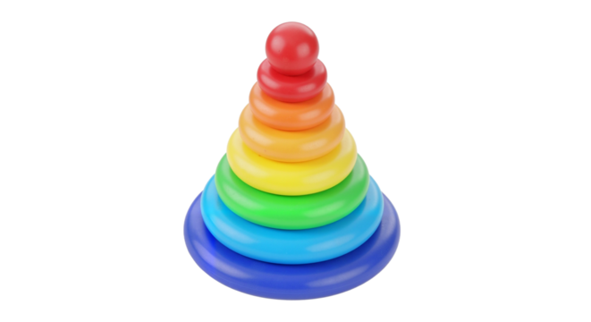 Colorful stacking toy pyramid with rings in vibrant colors  on transparent background