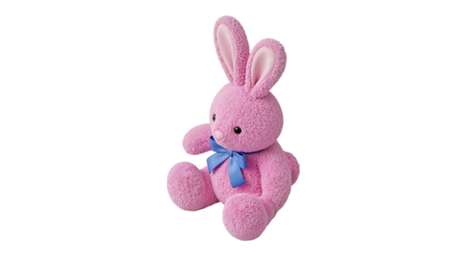 Pink plush bunny toy with long ears and blue bow sitting upright  on transparent background