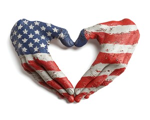 Hands forming a heart shape painted with the american flag colors