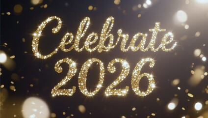 Glittery gold font that says "Celebrate 2026" in a black background