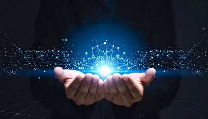 Person cupping glowing light orb, surrounded by digital network, on geometric grid background