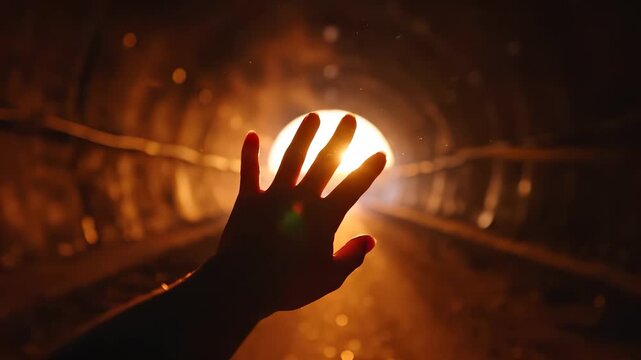 A hand reaches out towards a bright light at the end of a dark tunnel, symbolizing hope and determination. The hand moves toward the emerging light, representing a journey toward f