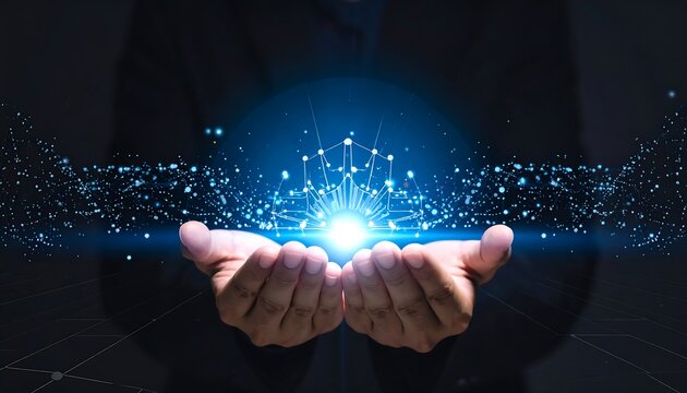 Person cupping glowing light orb, surrounded by digital network, on geometric grid background