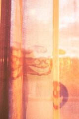 Warm sunlight illuminating sheer curtains with Halloween sticker shadows