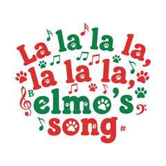 Cute festive Christmas typography design featuring a dog with musical notes and paw icons replacing “la” in curved cheerful red and green layout