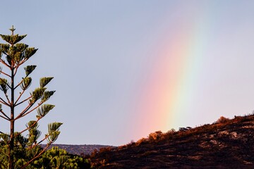 Rainbow forming above hillside at sunset