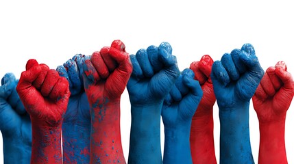 Raised fists painted red and blue symbolize unity and collective strength