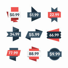 Vector set of red sale tags and discount labels featuring business icons and price sticker buttons for retail web promotion design illustration