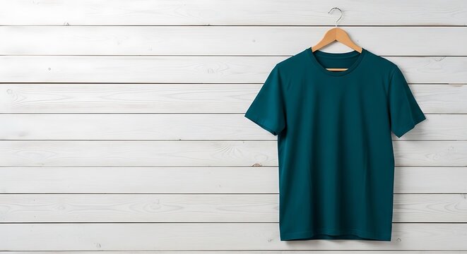 A teal shortsleeved tshirt hanging on a wooden hanger against a white wooden plank wall