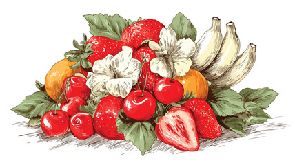 Vibrant Ripe Juicy Fruit Bunch Bouquet Wrap Vector with Outline