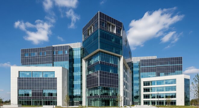 Corporate Building with Integrated Solar Panels. The roof and parts of the facade are seamlessly integrated with dark, sleek solar panels. The composition is clean and minimalist, ample copy space
