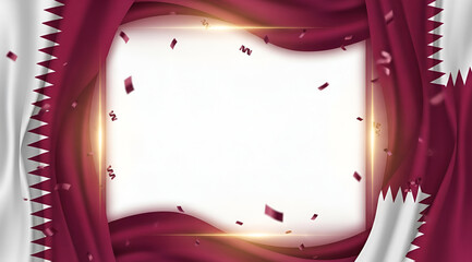 Qatar flag waving with confetti and lens flare creating a celebratory border around a blank space.