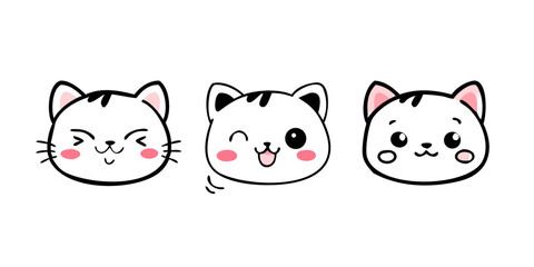 Black white cat head face line contour silhouette icon set. Pink blush cheeks. Funny kawaii smiling sad doodle animal. Cute cartoon funny character. Pet collection. Flat design Baby background.
